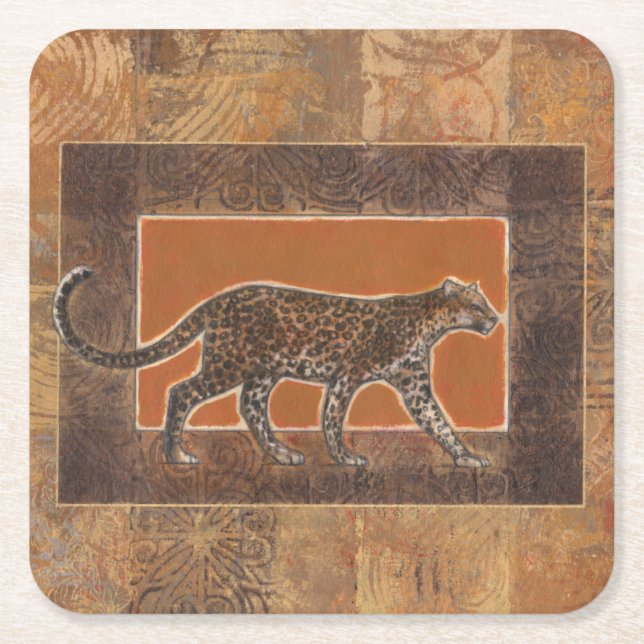 Leopard on Orange and Brown Background Square Paper Coaster (Front)