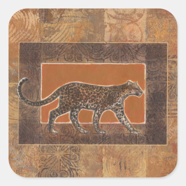 Leopard on Orange and Brown Background Square Sticker (Front)