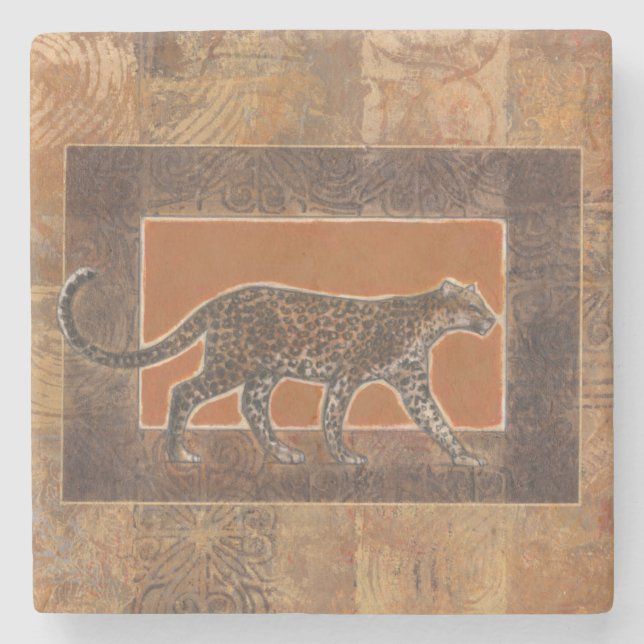 Leopard on Orange and Brown Background Stone Coaster (Front)
