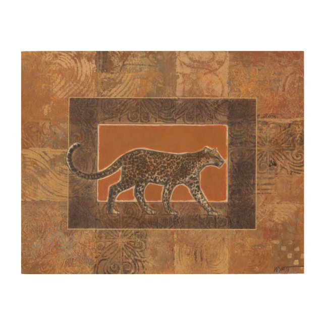 Leopard on Orange and Brown Background Wood Wall Art (Front)