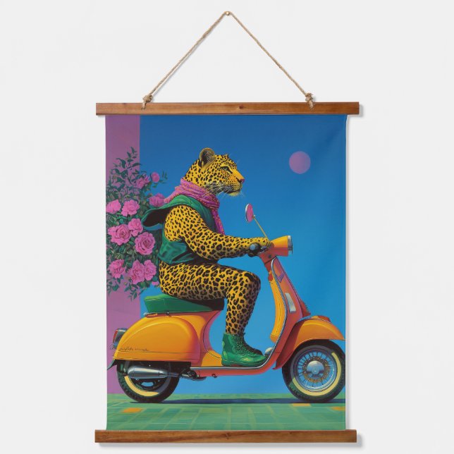 Leopard on Wheels: A Stylish Ride, Hanging Tapestry (Front)