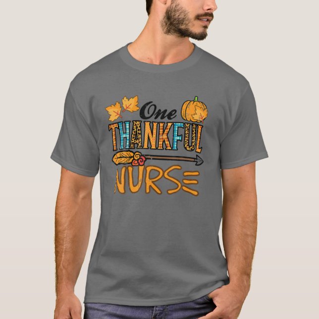 Leopard One Thankful Nurse Thanksgiving Fall Scrub T-Shirt (Front)