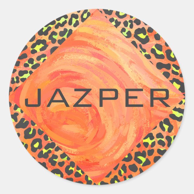 Leopard Orange and Yellow Monogram Classic Round Sticker (Front)