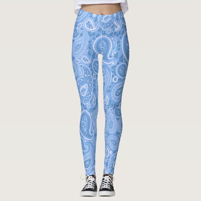 Leopard Paisley Seamless Pattern Blue elegant Yoga Leggings (Front)