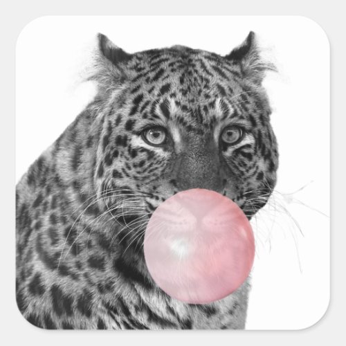 Leopard Panther Cat Bubble Gum Black Pink White Square Sticker