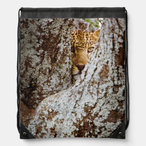Leopard Panthera Pardus Hiding Behind Tree Drawstring Bag