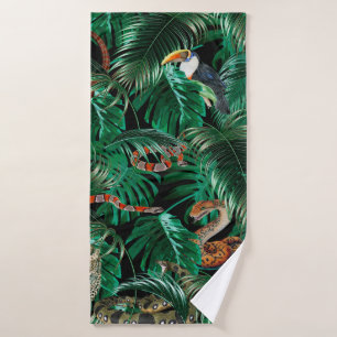 leopard, parrots and snakes in the dark forest. bath towel