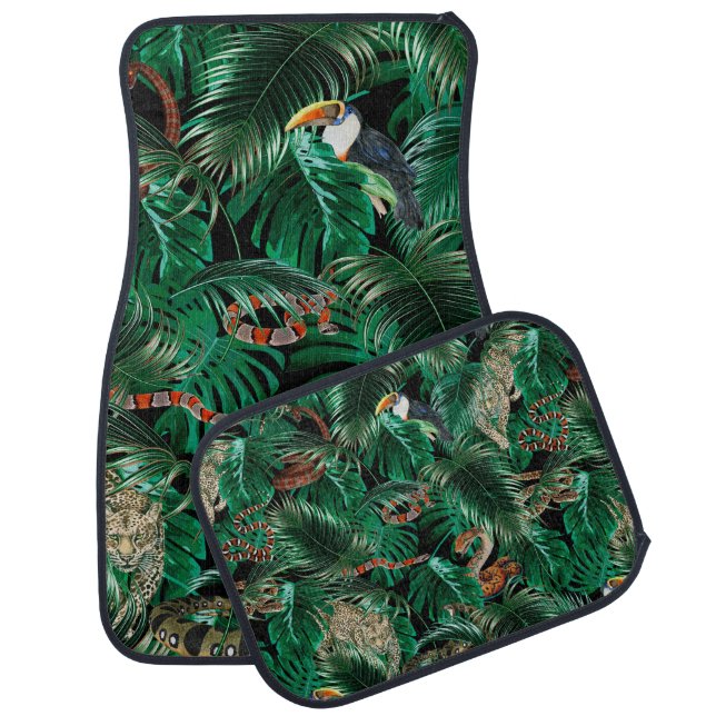 leopard, parrots and snakes in the dark forest.  car floor mat (Set)