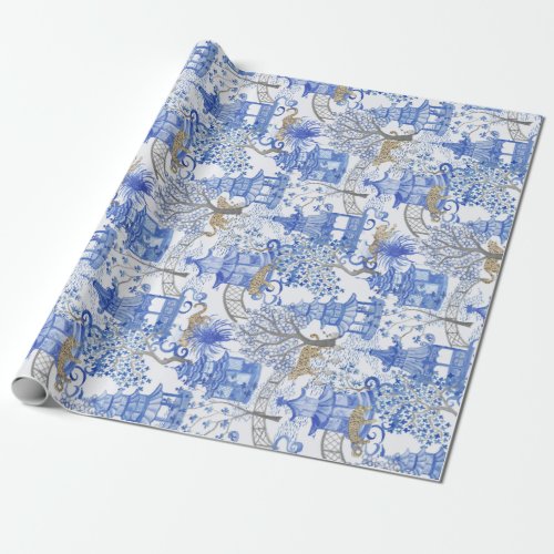 Leopard Party in the Pagoda Forest_Blue and White Wrapping Paper