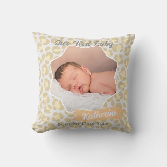 Leopard Pastel Grey Sage Yellow Baby Photo Throw Pillow (Front)