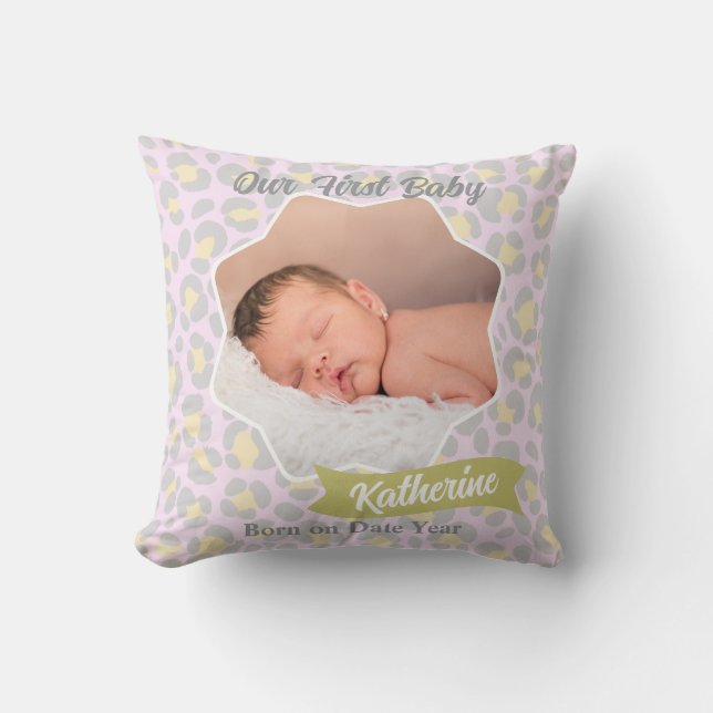 Leopard Pastel Pink Yellow Grey Baby Photo Throw Pillow (Front)