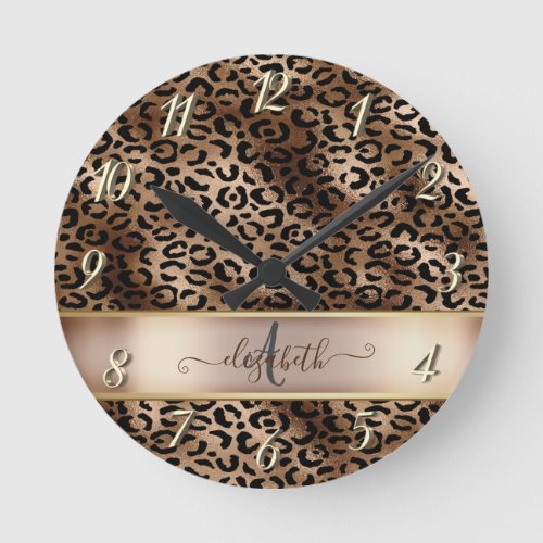 Leopard Pattern Black Bronze Monogram   Round Clock