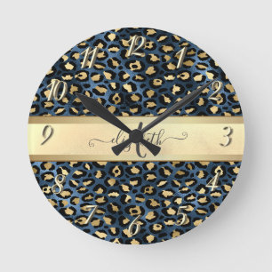 Leopard Pattern Black Bronze Monogram Round Clock