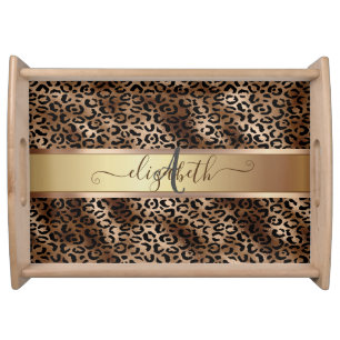 Leopard Pattern Black Bronze Monogram Serving Tray