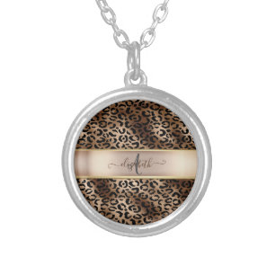 Leopard Pattern Black Bronze Monogram Silver Plated Necklace