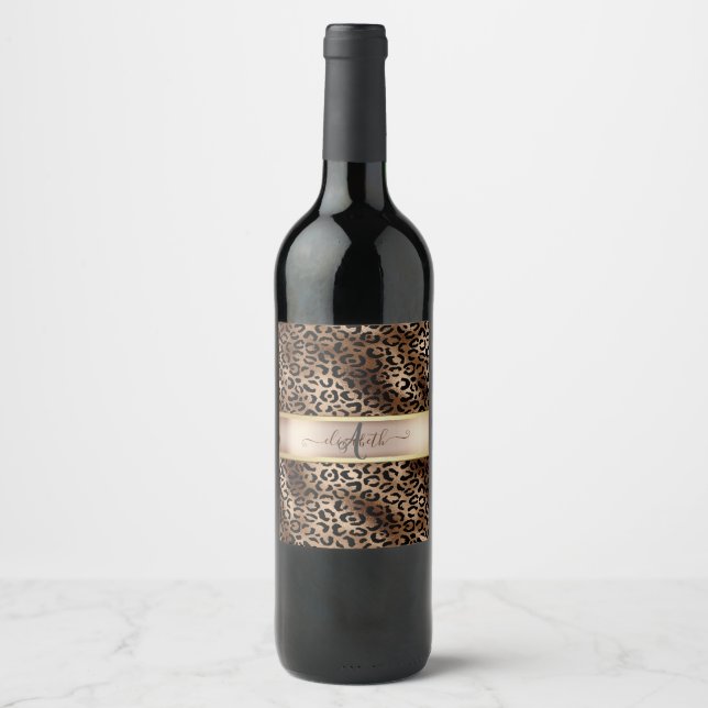Leopard Pattern Black Bronze Monogram  Wine Label (Front)