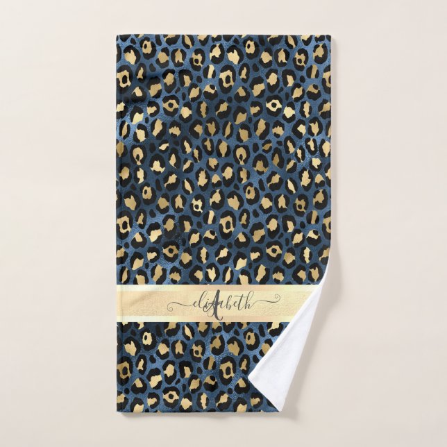 Leopard Pattern Blue Gold Monogram   Bath Towel Set (Hand Towel)