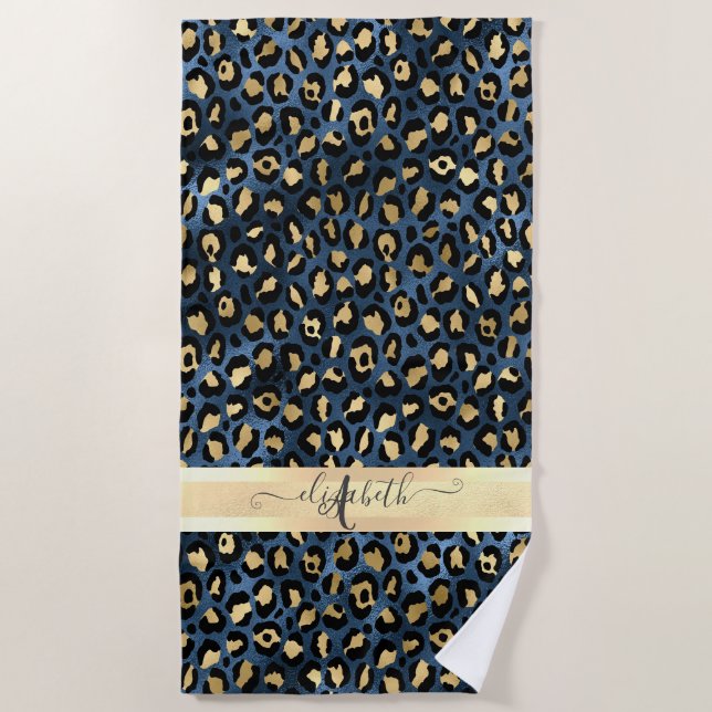 Leopard Pattern Blue Gold Monogram Beach Towel (Front)