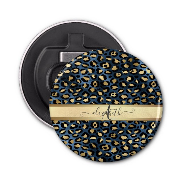Leopard Pattern Blue Gold Monogram     Bottle Opener (Front)