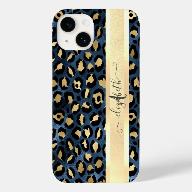 Leopard Pattern Blue Gold Monogram   Case-Mate iPhone Case (Back)