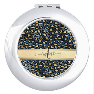 Leopard Pattern Blue Gold Monogram Compact Mirror