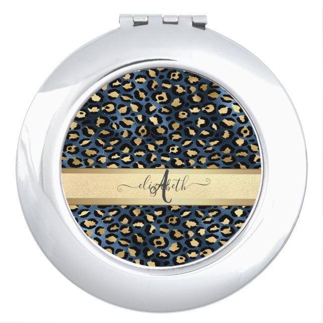 Leopard Pattern Blue Gold Monogram  Compact Mirror (Front)