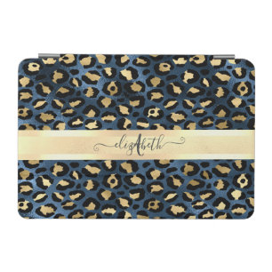 Leopard Pattern Blue Gold Monogram  iPad Mini Cover
