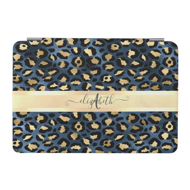 Leopard Pattern Blue Gold Monogram  iPad Mini Cover (Horizontal)