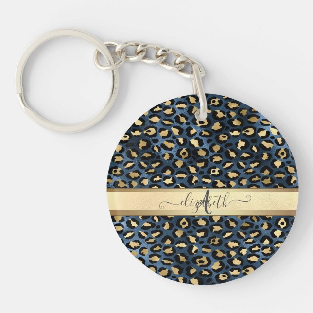 Leopard Pattern Blue Gold Monogram     Keychain (Front)