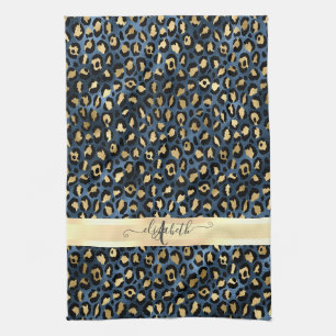 Leopard Pattern Blue Gold Monogram Kitchen Towel