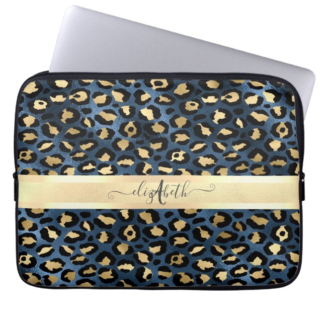 Leopard Pattern Blue Gold Monogram  Laptop Sleeve (Front)
