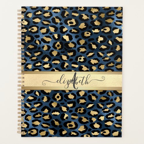 Leopard Pattern Blue Gold Monogram Planner