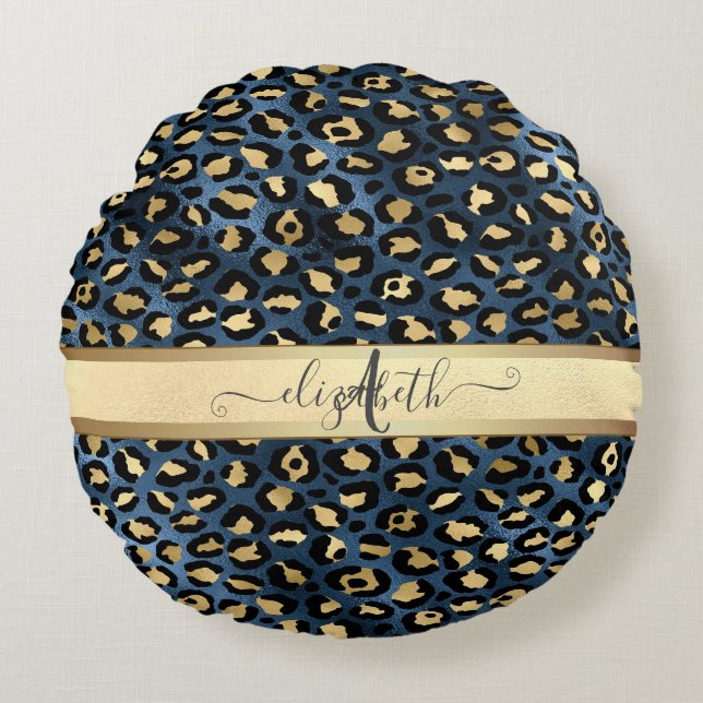 Leopard Pattern Blue Gold Monogram     Round Pillow (Front)