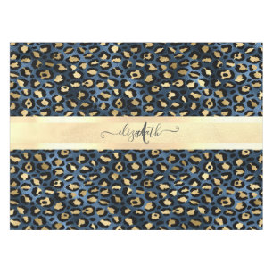 Leopard Pattern Blue Gold Monogram Tablecloth