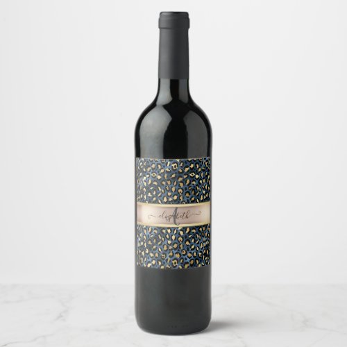 Leopard Pattern Blue Gold Monogram   Wine Label