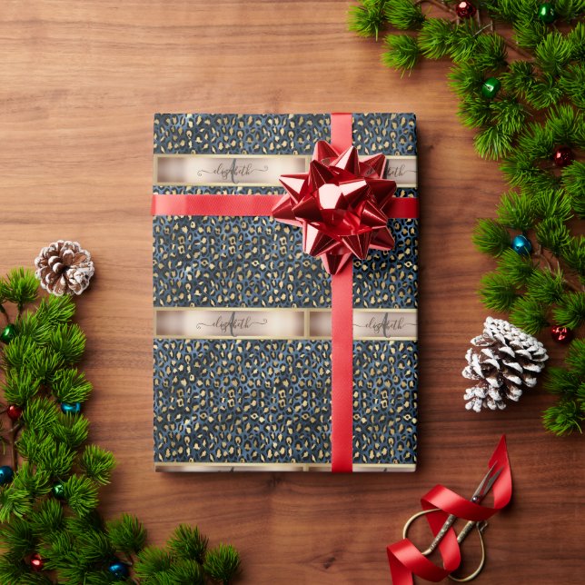 Leopard Pattern Blue Gold Monogram   Wrapping Paper (Holiday Gift)