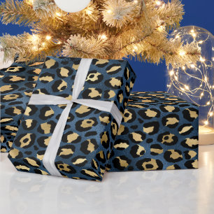 Leopard Pattern Blue Gold Wrapping Paper