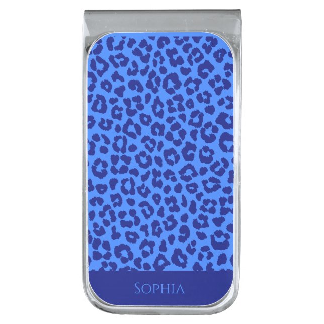 Leopard Pattern- Blue- Silver Finish Money Clip (Front Vertical)