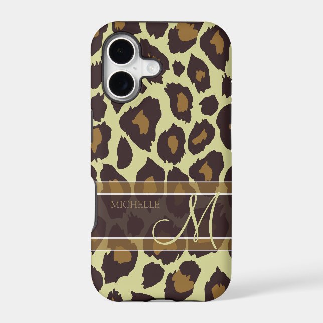 Leopard Pattern - Brown and Tan with Monogram Iphone Case (Back)