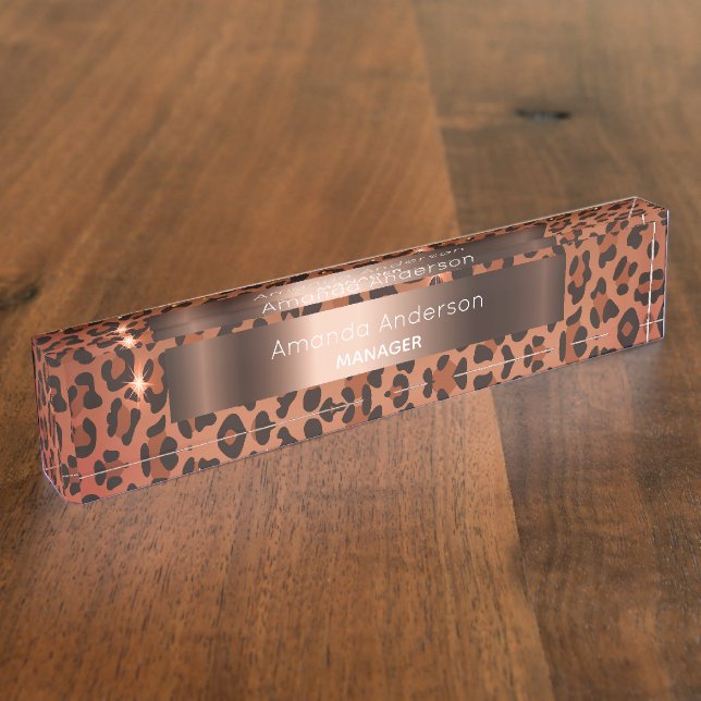 Leopard pattern brown black bronze metallic desk name plate (Side)