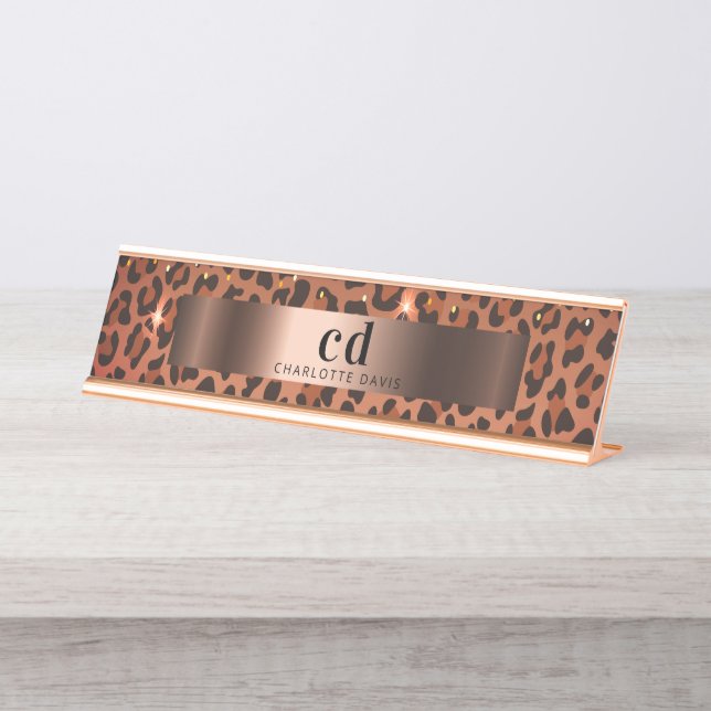 Leopard pattern brown black bronze metallic  desk name plate (Front)
