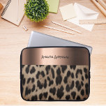 Leopard pattern brown black bronze metallic laptop sleeve<br><div class="desc">An elegant,  glamorous and feminine with brown and black leopard pattern,  photo of leopard fur. Template for your name,  a modern hand lettered style script. A faux bronze colored band. Black letters.</div>
