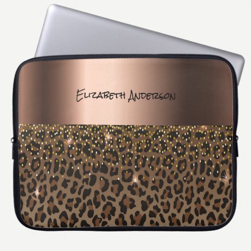 Leopard pattern brown black bronze metallic name laptop sleeve