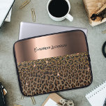 Leopard pattern brown black bronze metallic name laptop sleeve<br><div class="desc">An elegant,  glamorous and feminine with brown and black leopard pattern,  decorated with golden confetti. Template for your name,  black hand lettered text. A large faux bronze metallic looking band.</div>