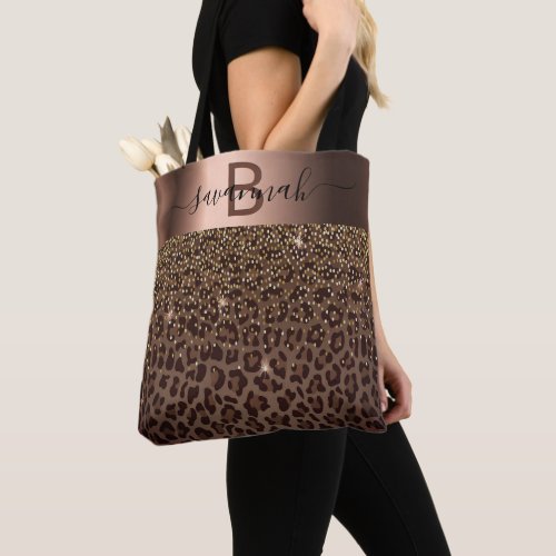 Leopard pattern brown black bronze metallic name tote bag