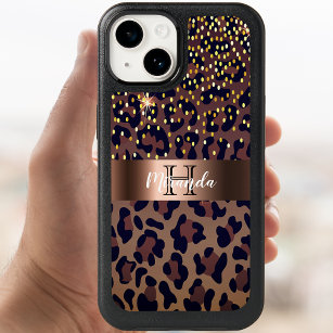 Leopard pattern brown black bronze monogram OtterBox iPhone 14 case