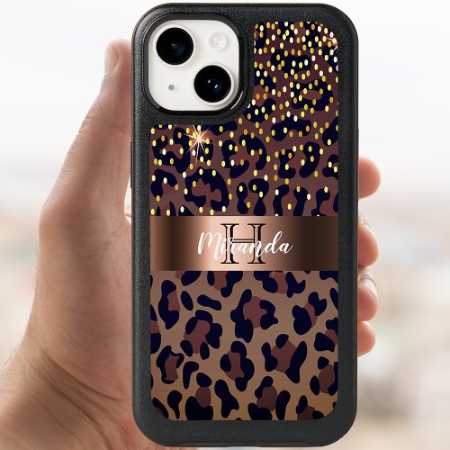 Leopard pattern brown black bronze monogram OtterBox iPhone 14 case