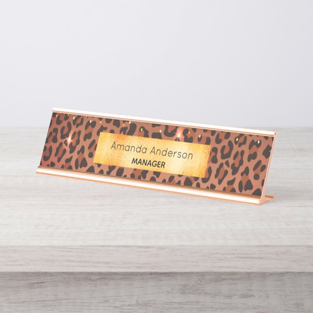 Leopard pattern brown black gold metallic desk name plate (Front)