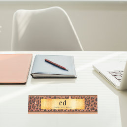 Leopard pattern brown black gold metallic monogram desk name plate