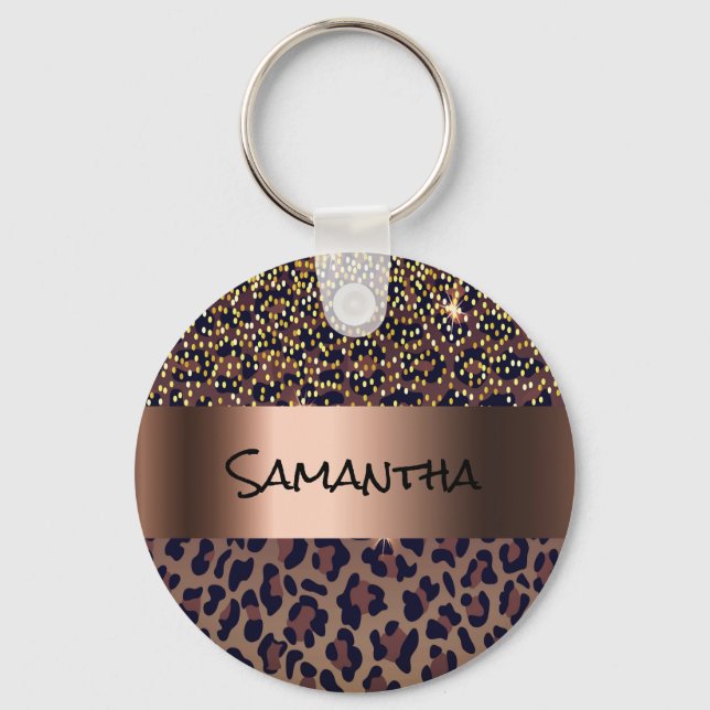 Leopard pattern brown black golden bronze metallic keychain (Front)